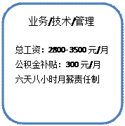 矩形:圆角:业务/技术/管理总工资：2800- 3500元/月 公积金补贴：300元/月 六天八小时月薪责任制